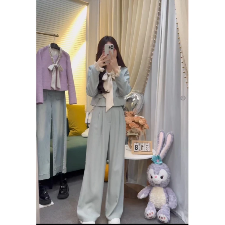 ZX416法式V领蝴蝶结短款西装外套阔腿裤两件套女早秋新款时尚套装