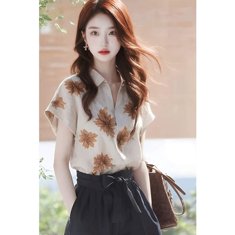 印花polo领短袖衬衫女士设计感小众夏季独特别致宽松薄款上衣