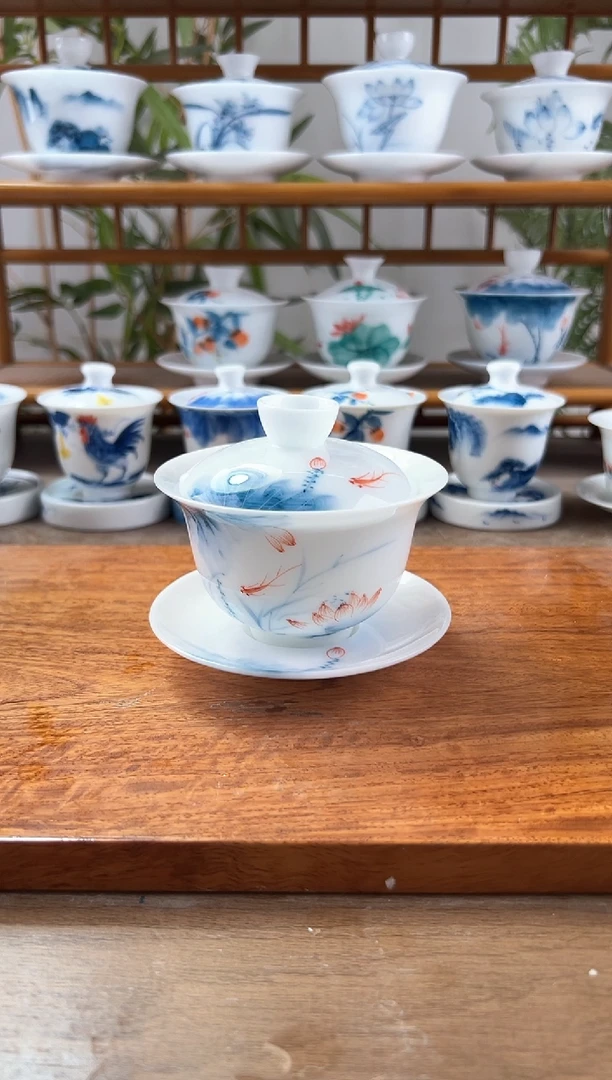 微瑕高冰蓝莲180ml三才盖碗