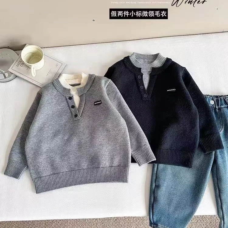 子航同款  冬季新款儿童韩版假两件针织毛衣ds7120