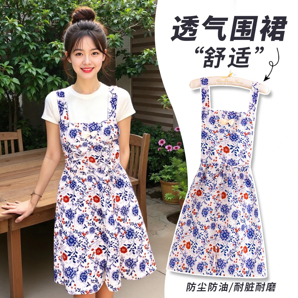 时尚无袖厨房围裙防油防污碎花围腰餐饮工作服透气耐脏家用做饭女
