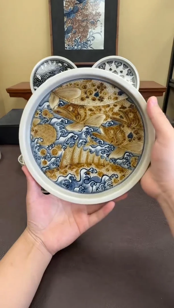 二号釉海浪鳜鱼纹壶承