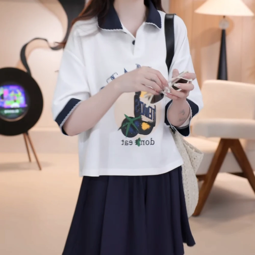 夏天薄款宽松减龄POLO领水果字母短袖t恤