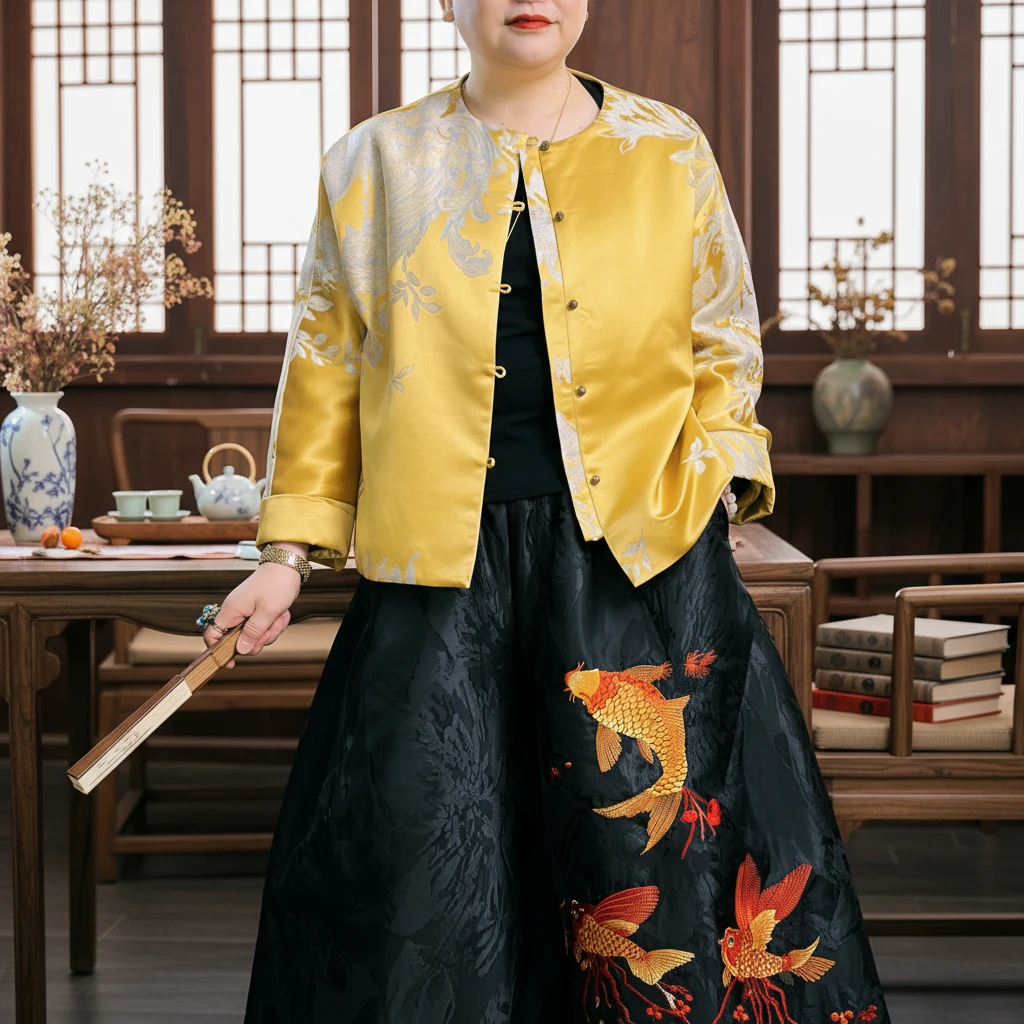 9098【潮妈家】薄款宽松型圆领棉服复古常规款不褪色提花中式棉衣