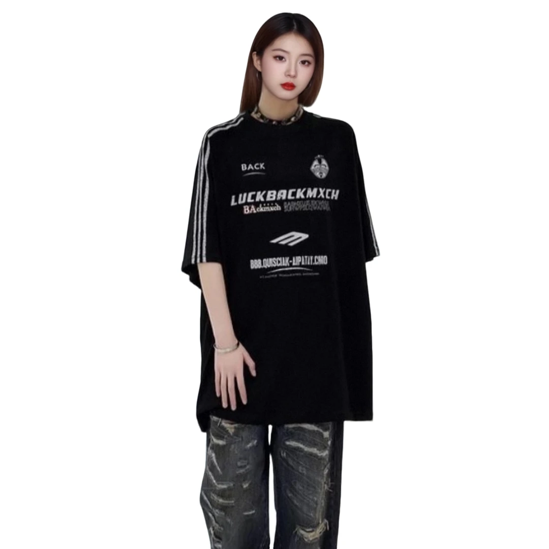 100%棉宽松圆领常规五分袖手缝三杠显瘦T恤半袖时尚百搭做旧上衣