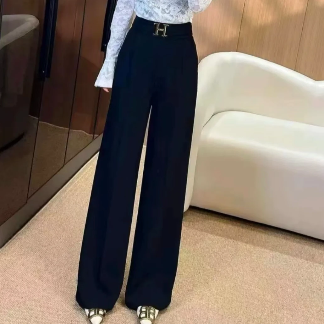 春夏新款经典百搭H字母设计感简约高腰垂感时尚女阔腿显瘦直筒裤