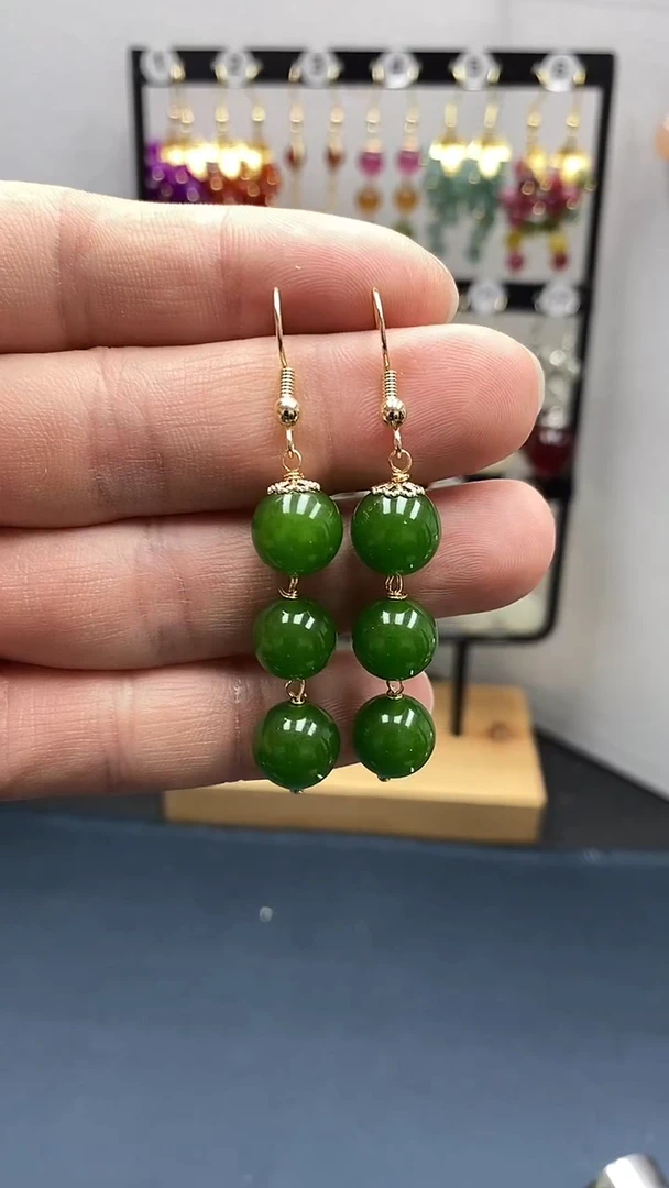 【闪购商品】和田玉耳饰银S925镀金镶嵌尺寸10mm连珠01