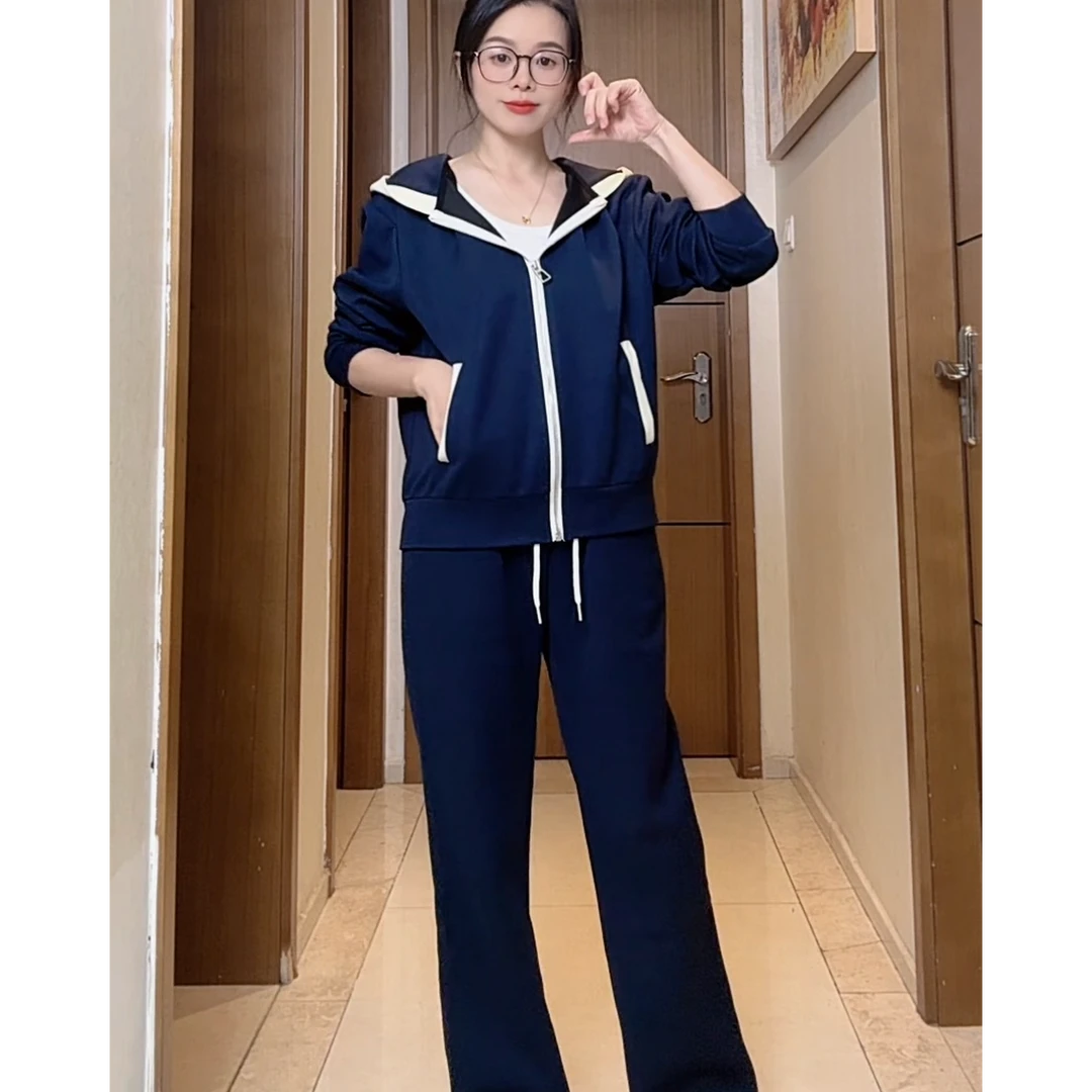 A357慵懒风宽松卫衣外套裤子两件套撞色拼接休闲套装2025秋冬新款