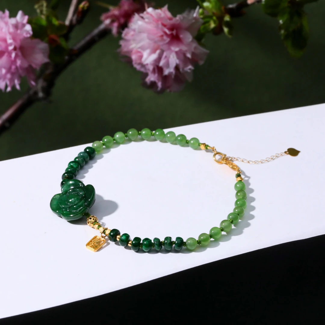 【意婵】《春山集》“双11”18k金缅A辣绿老翡翠雕花单圈和田玉900037