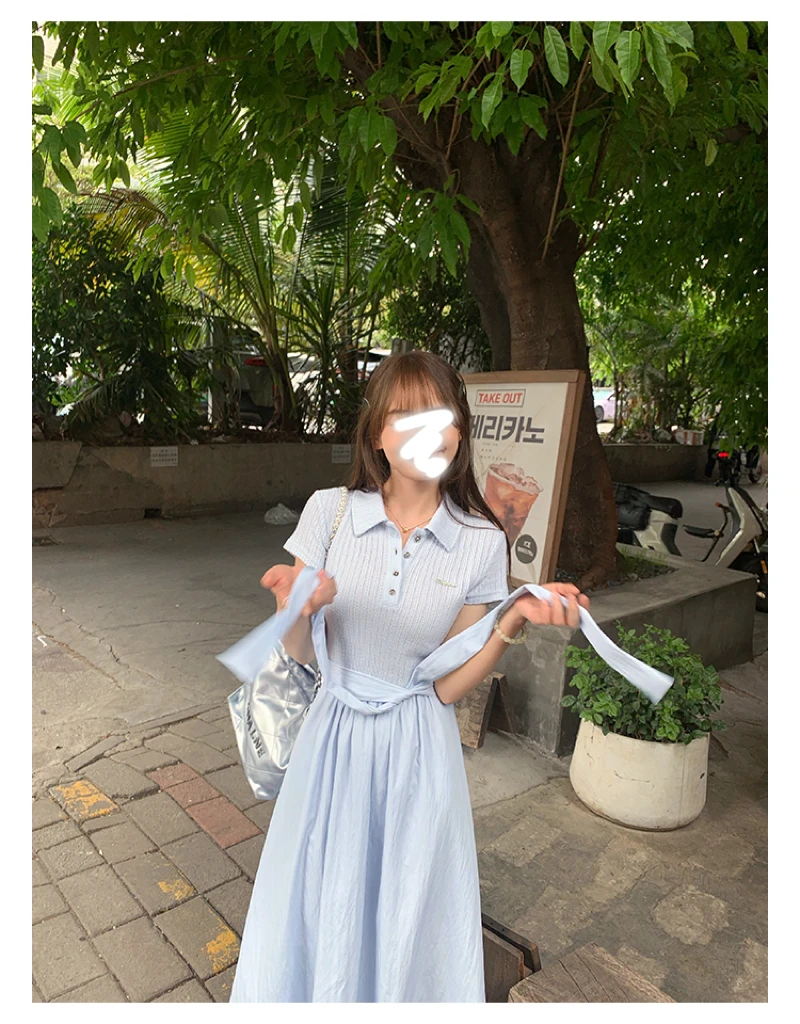 【海盐日记】短袖春夏街头风拼接连衣裙蓝色长款小众气质设计感