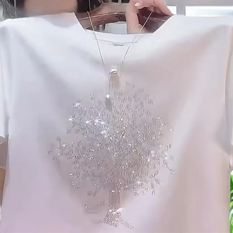2025夏季新款欧货重工烫钻时尚正肩白色短袖T恤女宽松半袖上衣潮