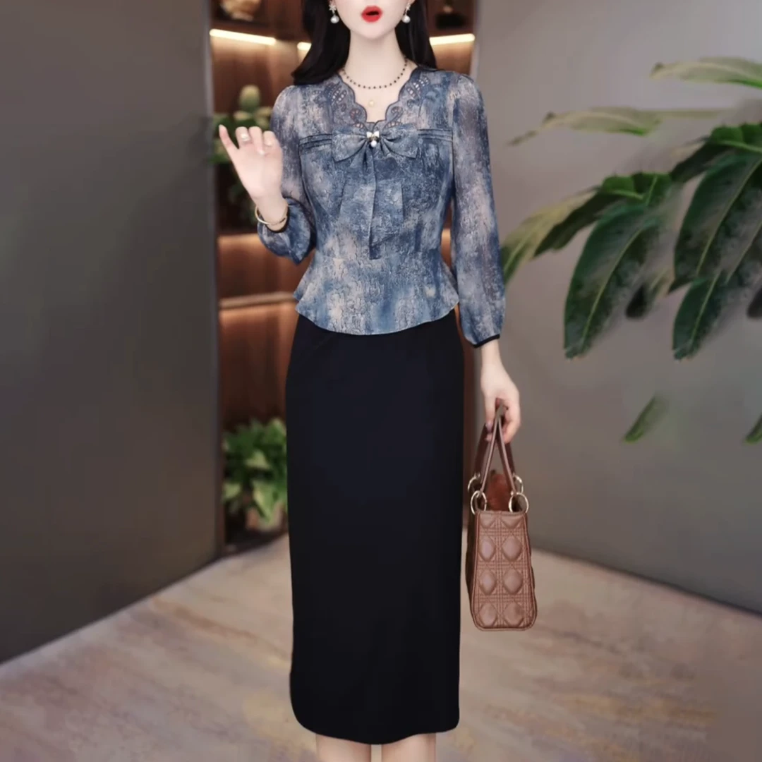 1322#妈妈装假两件连衣群春秋新款轻奢减龄百搭显瘦遮肚印花裙子