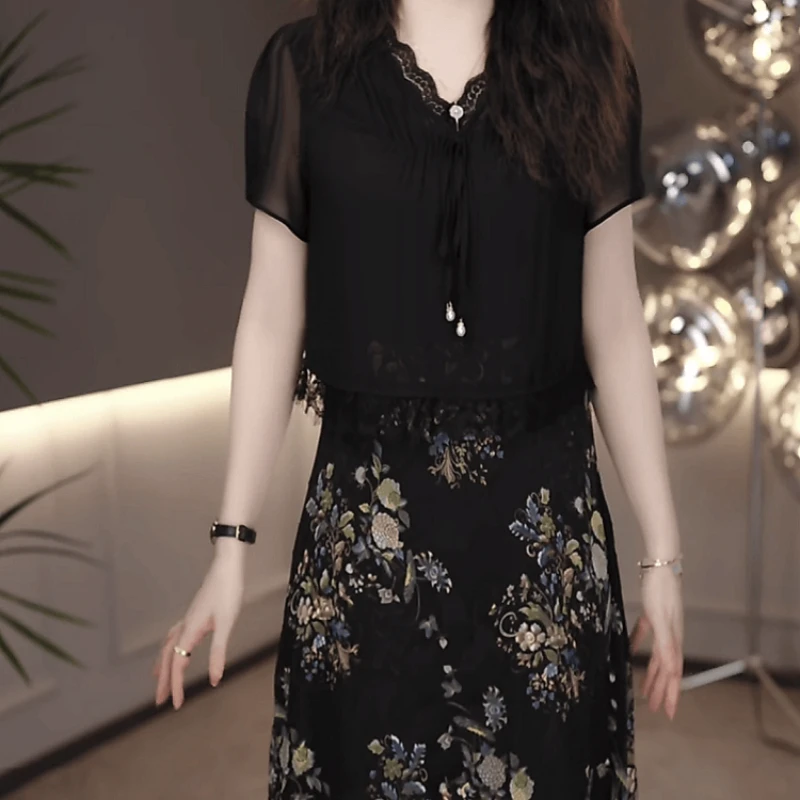 2025夏季新款时尚气质优雅高端精致拼接印花修身显瘦假两件连衣裙
