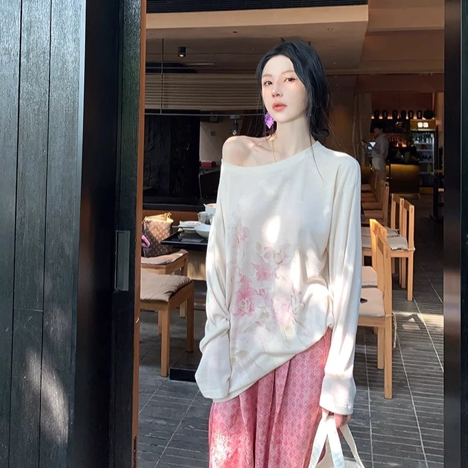 国风新中式夏圆领花卉印花长袖T恤女斜肩薄款防晒罩衫空调衫上衣