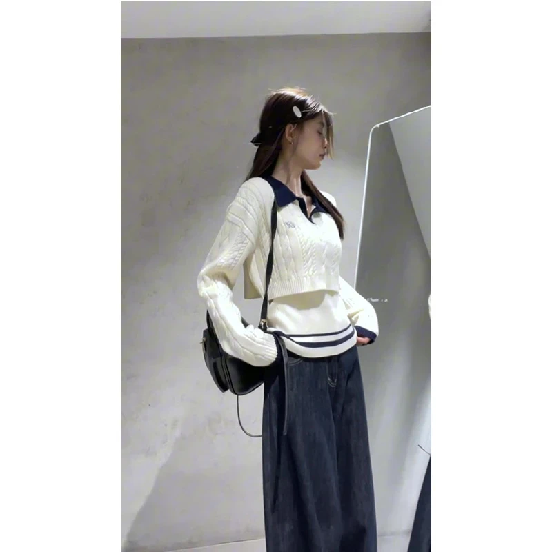 【现货】秋季撞色翻领短款针织衫显瘦打底上衣高腰阔腿牛仔裤三件套