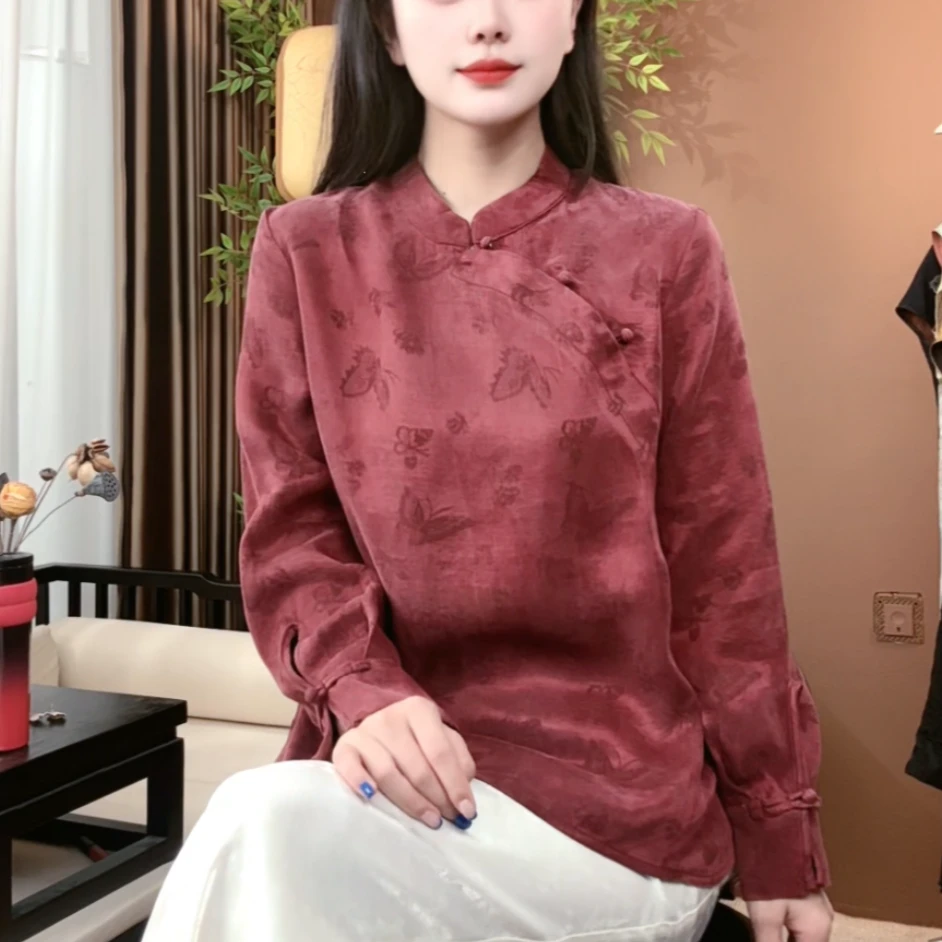 秋季大王缎时尚桑蚕丝衬衫立领盘扣透气百搭国风上衣女S197