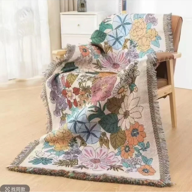 微微瑕繁华 90*180cm 棉麻沙发巾 加厚加大 流苏款