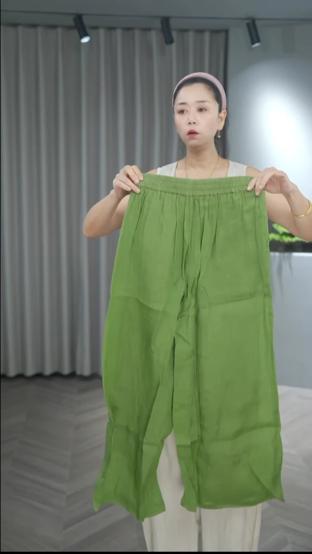 7610绿色苎麻直筒裤