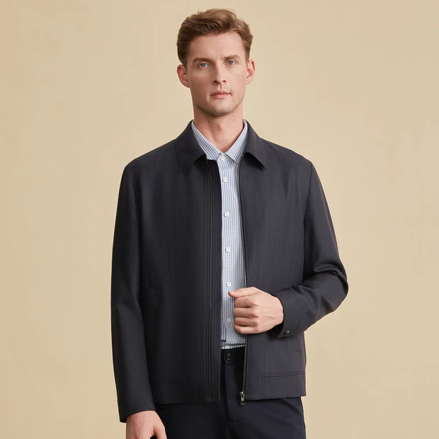 Satchi沙驰秋季男士休闲行政夹克舒适翻领纯色保暖简约绵羊毛外套