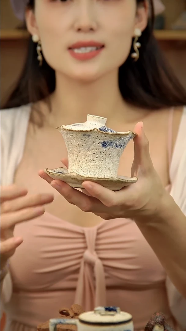 言野手作 粉引花边三才盖碗