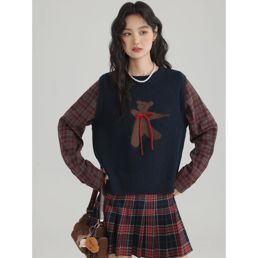 爱蔷薇大码假两件小熊毛衣女秋冬格子衬衫拼接针织衫上衣GT74831