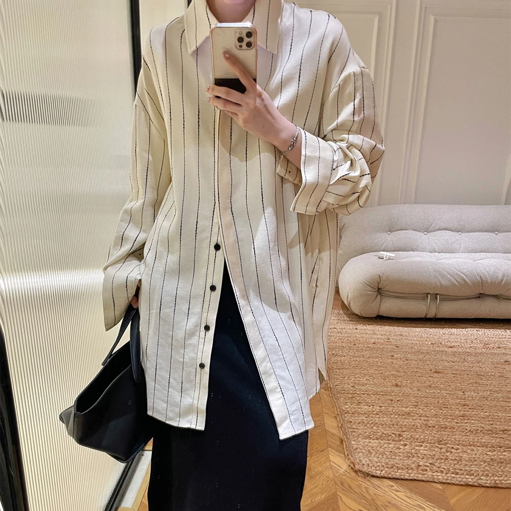 SMALLIU 流光风慵懒中长款长袖衬衫条纹宽松衬衫风衣