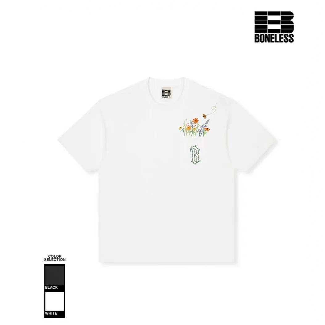 口袋花丛刺绣短袖T恤休闲情侣夏季宽松