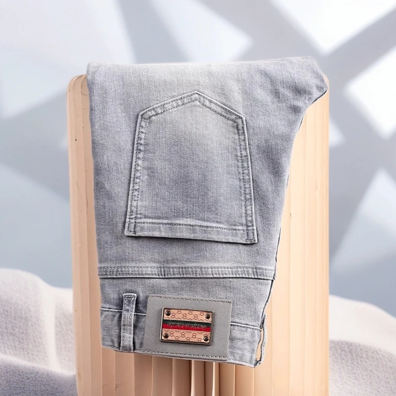 宾斯洛特新款时尚浅色男士牛仔裤时尚修身小直筒夏季薄款九分男裤