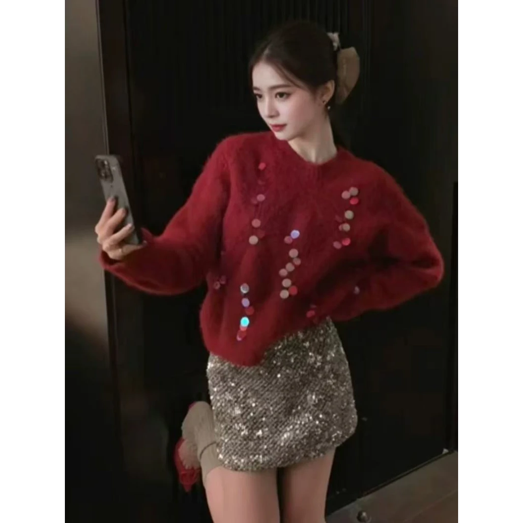 【浅浅专属】设计感重工亮片红色毛衣新款高级感宽松小众套装-65