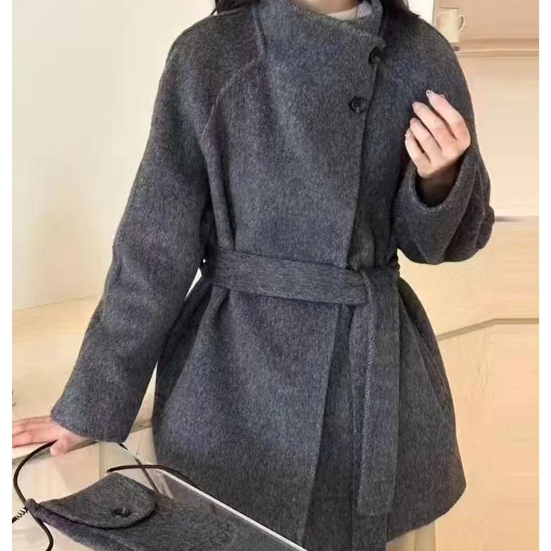 2024设计感立领背包双面羊绒大衣女小个子收腰羊毛呢外套宽松新款