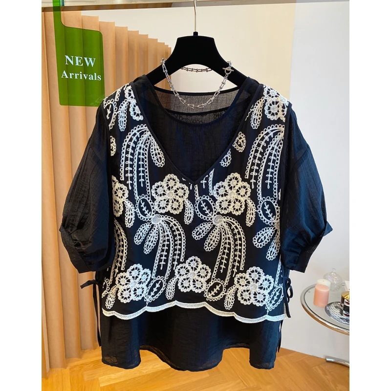 欧洲站蕾丝马甲拼接假两件衬衫女短袖2025新款宽松雪纺薄款上衣夏