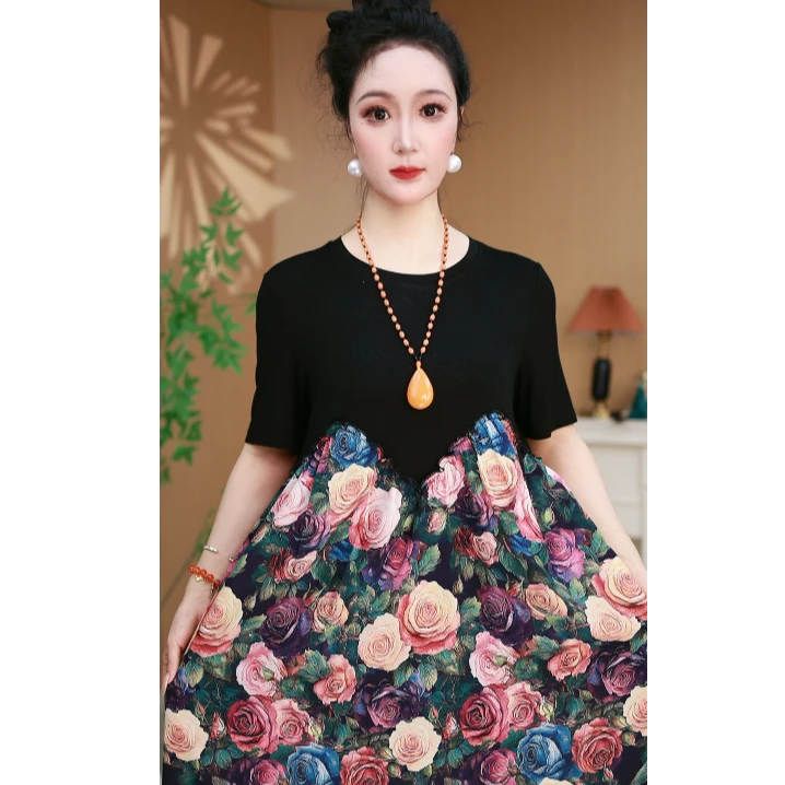 七七 ·【七彩玫瑰】夏季宽松女士长款印花连衣裙888-6