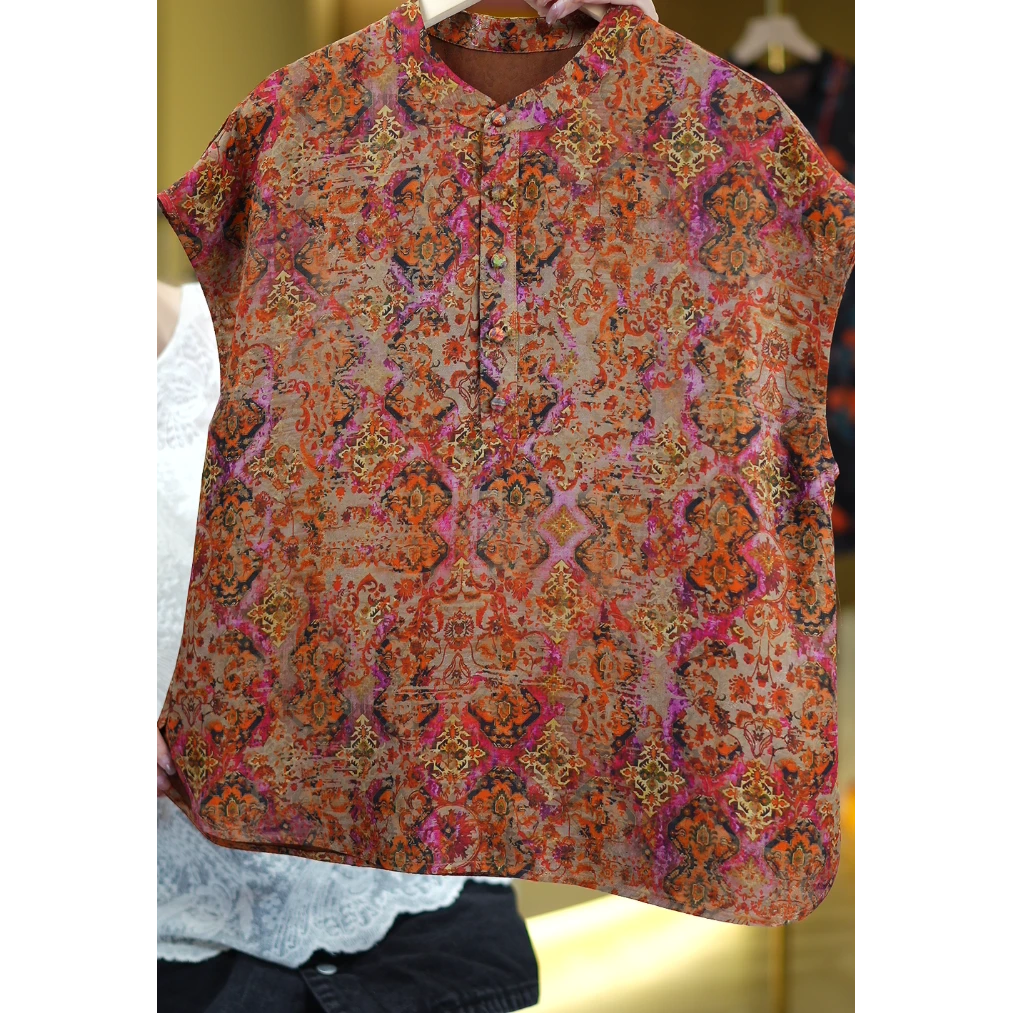 粉橘金花<<非遗美学>>1343夏季新款复古印花时尚上衣
