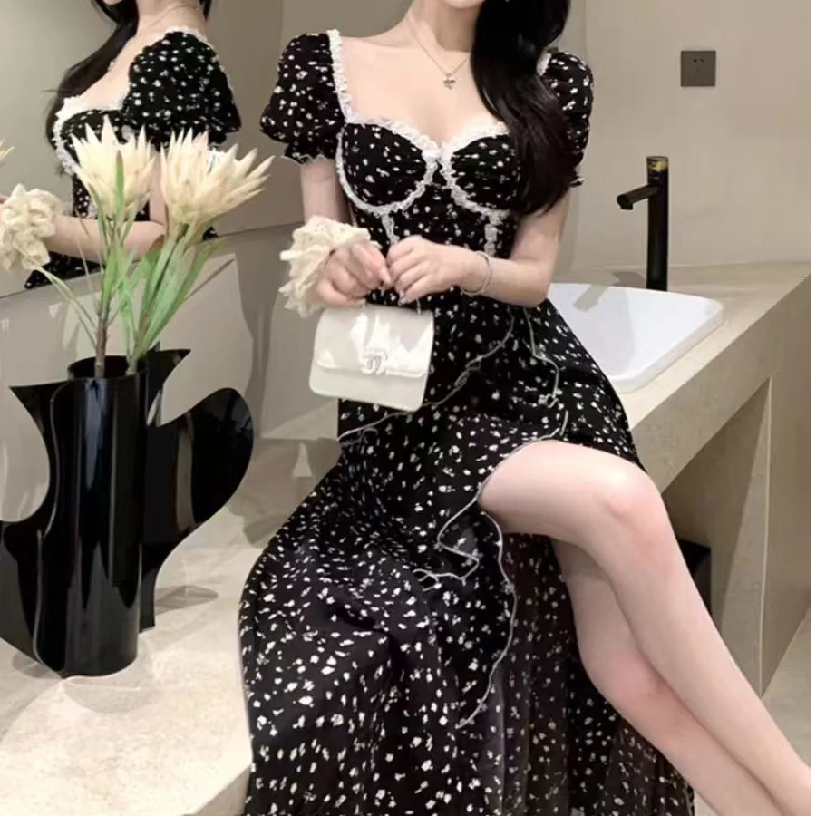 法式露背黑色碎花气质性感连衣裙