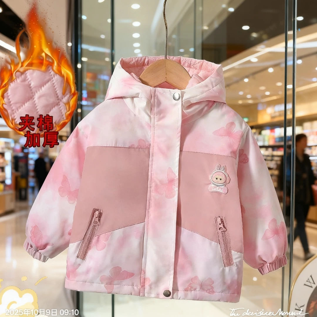 女童亮灯拉布布二棉外套秋冬2025新款洋气儿童卡通连帽夹棉冲锋衣