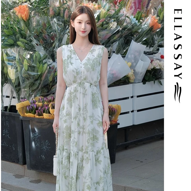 ELLASSAY歌力思流光风假日桑蚕丝碎花沙滩茶歇连衣裙EWB362Y03000