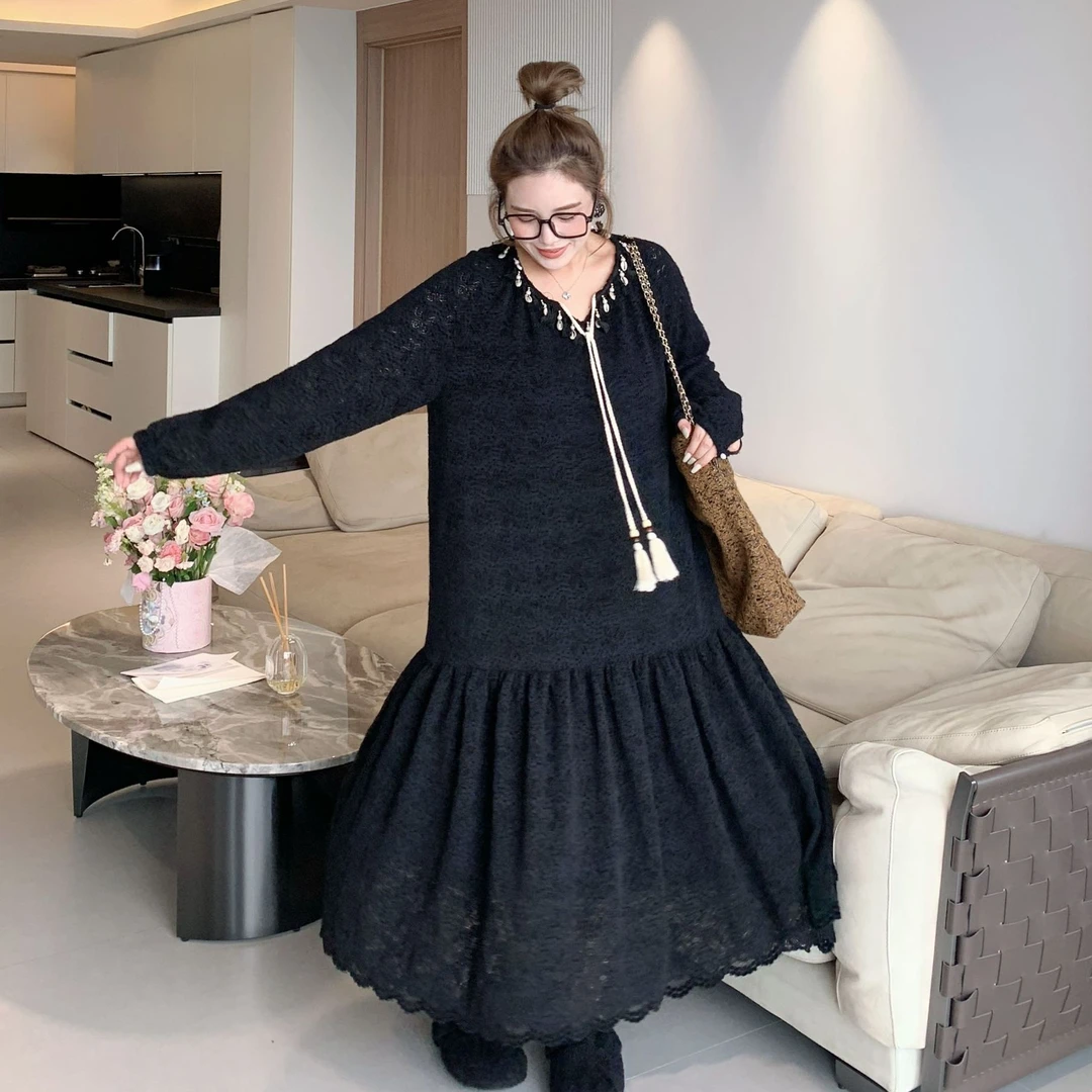 媛子大码法式蕾丝连衣裙温柔系穿搭2025秋季新款胖mm遮肉显瘦长裙