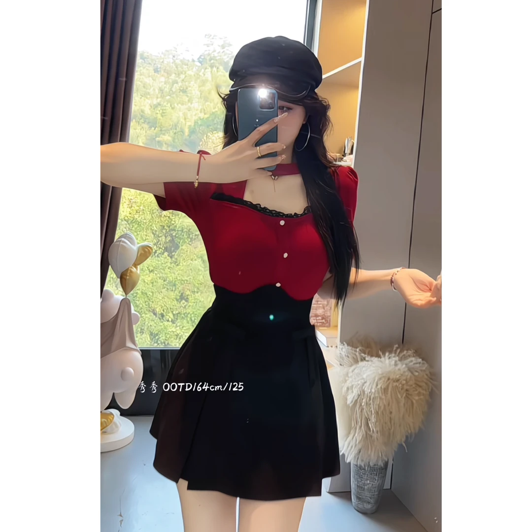 【初恋信封】7181微胖mm夏季气质显瘦短袖T恤显瘦短款上衣+束腰短裙