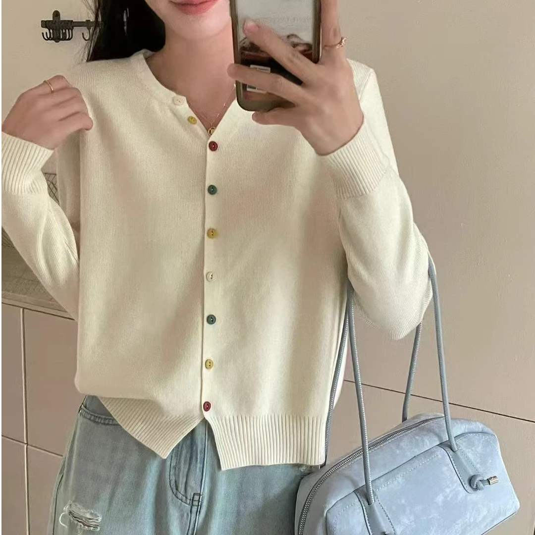 2025春季新款针织开衫女款彩扣时尚显瘦百搭圆领气质上衣六种颜色