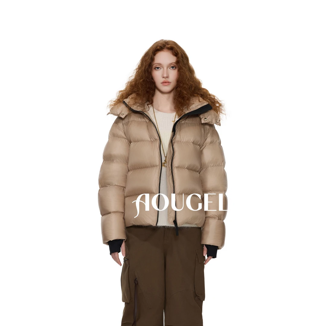 AOUGEL 短款亮面十字格女款女款连帽90白鸭绒时尚羽绒服女