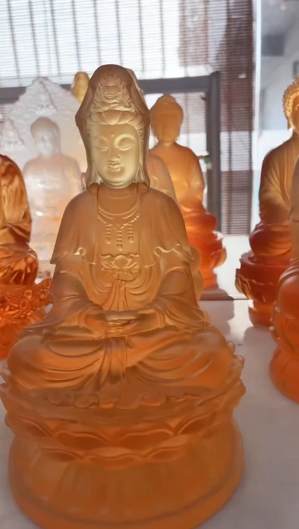 手工艺品琉璃琥珀色对观音菩萨18公分