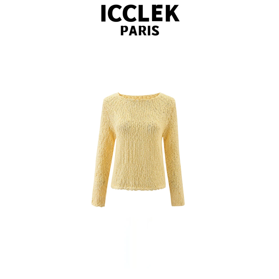 ICCLEK 黄色圆领字母气质轻奢名媛秋冬百搭简约显瘦减龄上衣-9062