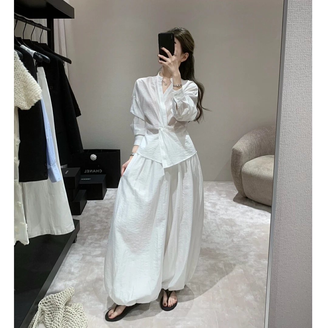 韩系气质干净氛围感小v领小衫松紧腰超大裤脚灯笼休闲裤亚麻