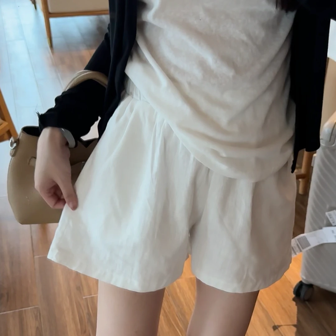 【白芍】新款透气夏季薄款高腰白色休闲简约洋气韩版显瘦纯色短裤女