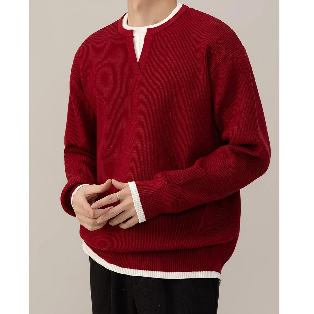 奥兰德保罗冬季新款保暖V领假两件毛衣男休闲百搭通勤针织衫上衣