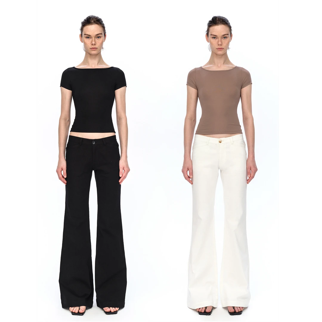 empty page黑/白低腰弹力修身基础百搭休闲棉弹喇叭裤