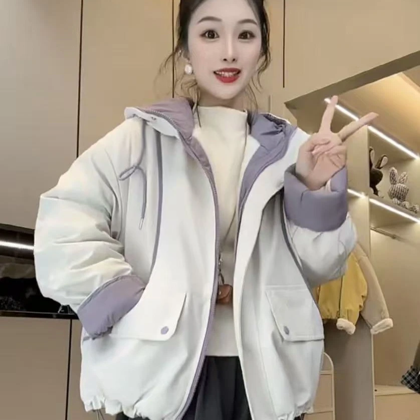 【全身加绒加厚】冬季新款拼色连帽棉服休闲宽松翻边加厚外套保暖