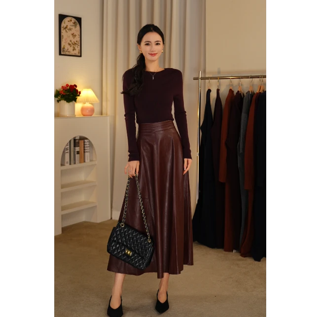 A型高腰静奢风女半身裙休闲风轻熟风摩登风显高显瘦秋冬款皮裙