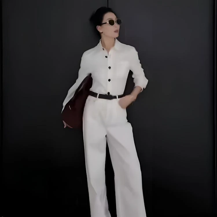 时尚极简风套装女2025秋季新款净版百搭长袖型衬衫阔腿长裤两件套