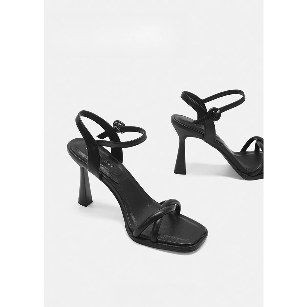 法式方头一字带凉鞋女夏季外穿细跟黑色高跟鞋女2025新款百搭性感